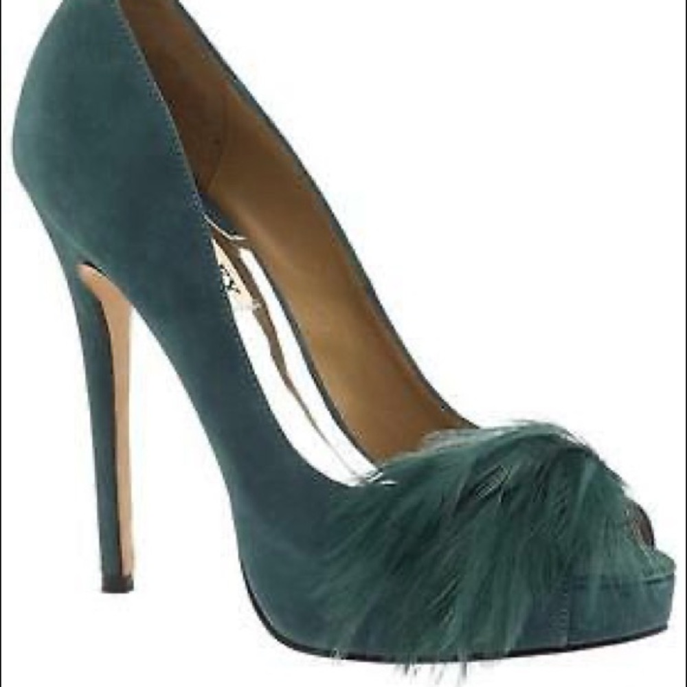 Badgley Mischka Ginnie leather evening open toe pump shoes feather Teal EUC